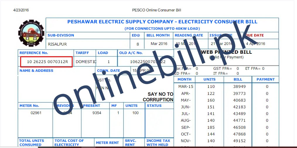 PESCO electricity bill showing the Reference Number